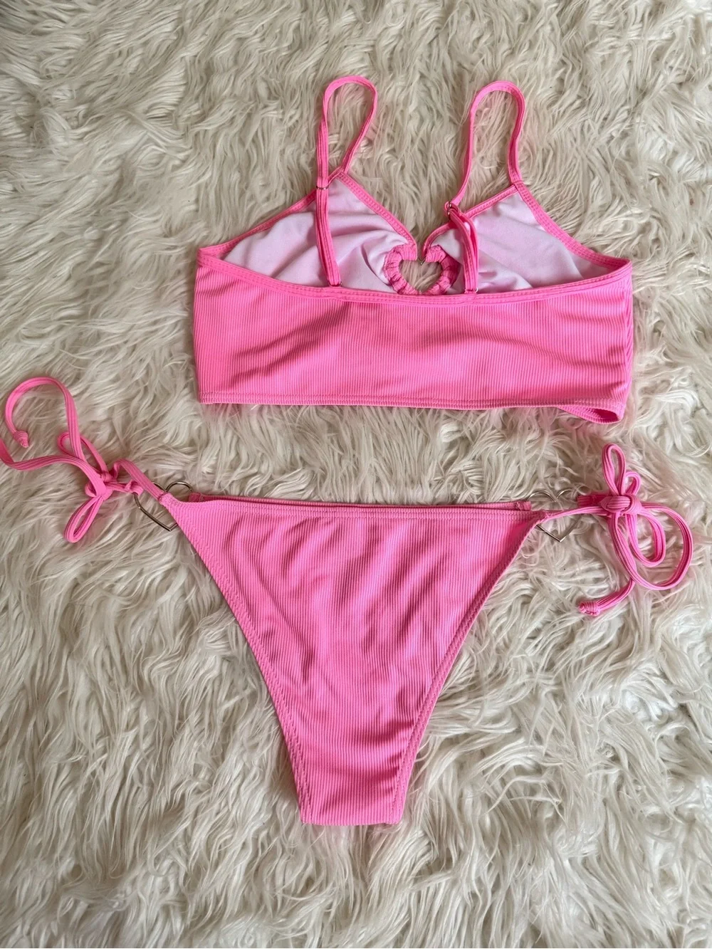 Women’s Pink Ribbed Heart Detail Bikini – Size Medium